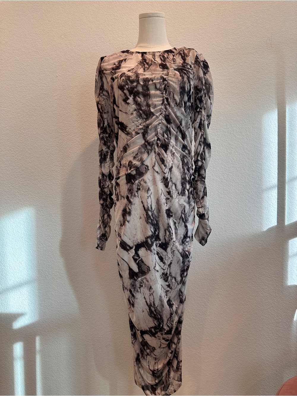 Walter Baker Ruched Marble Print Midi Dress Puff Sleeve Open Back Size M